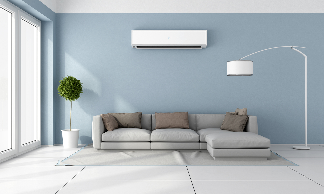 Blue living room with gray sofa and air conditioner on wall – 3D Rendering
