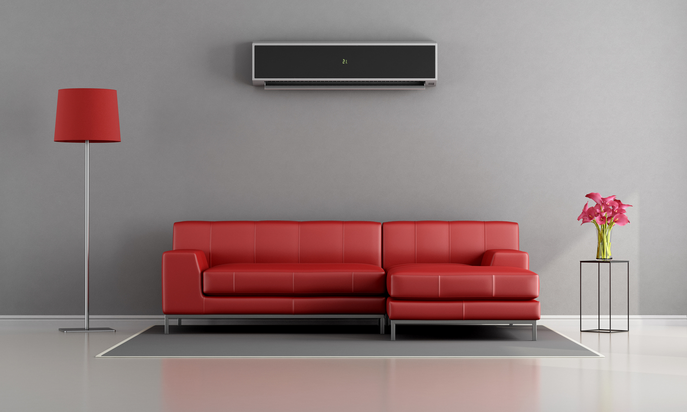 Living room with red sofa and air conditioner – 3d rendering
